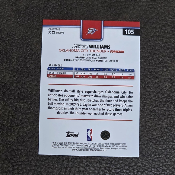 2025–26 Topps Chrome Jaylin Williams #105 Oklahoma City Thunder NM - Picture 6 of 10